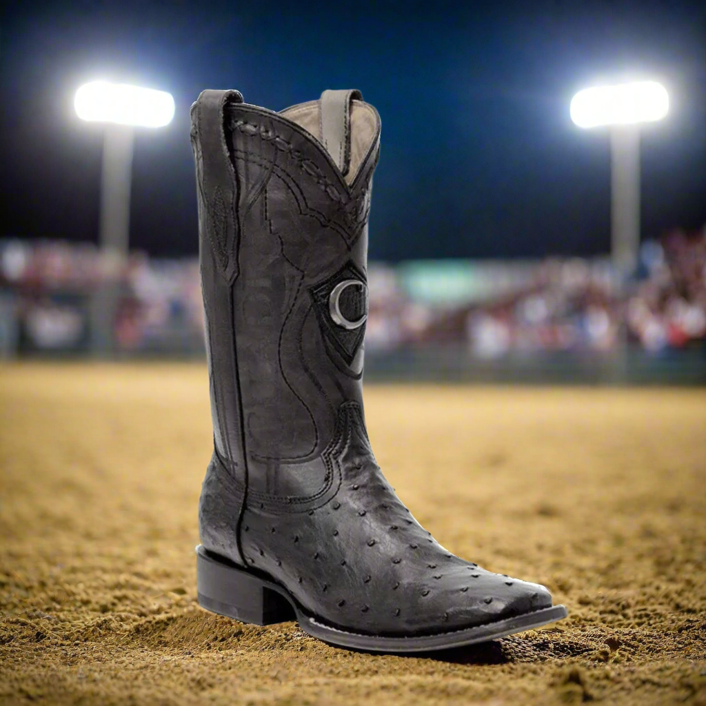 3Z1OA1 - Botas cuadradas Botas clásicas de rodeo vaqueras Cuadra negras para hombre en piel de avestruz
