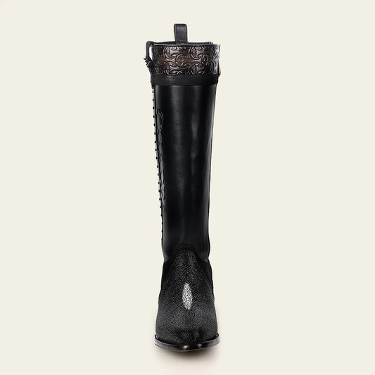 4X01MA - Cuadra black casual fashion leather strapped tall boots for women