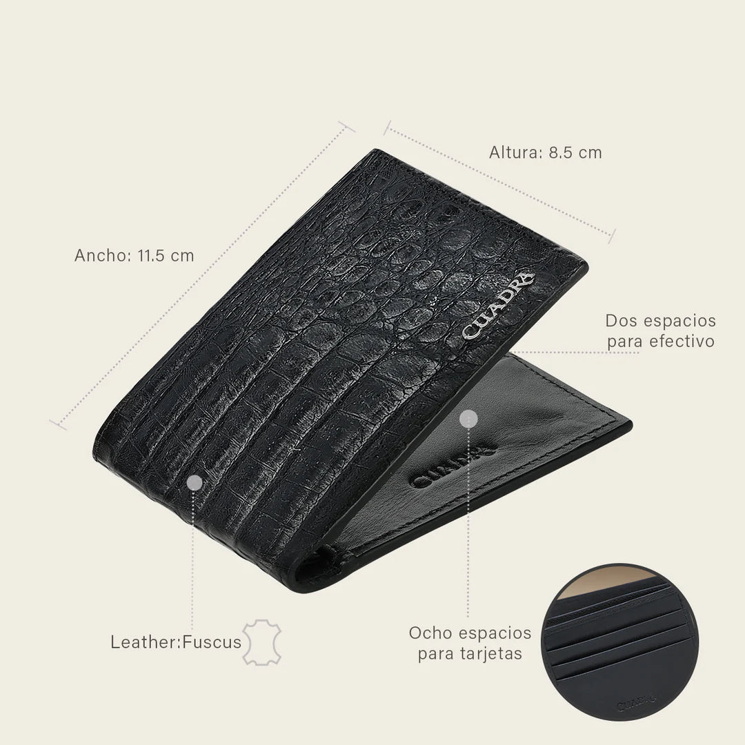 BC030FY - Cuadra black caiman leather bi fold wallet for men
