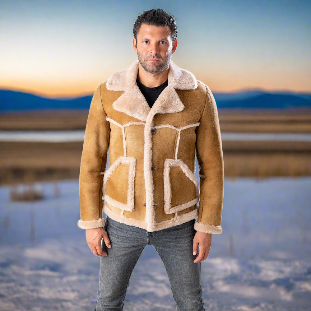 RC1 - Chaqueta de piel de oveja borrega estilo western cowboy Cuadra abstracta para hombre