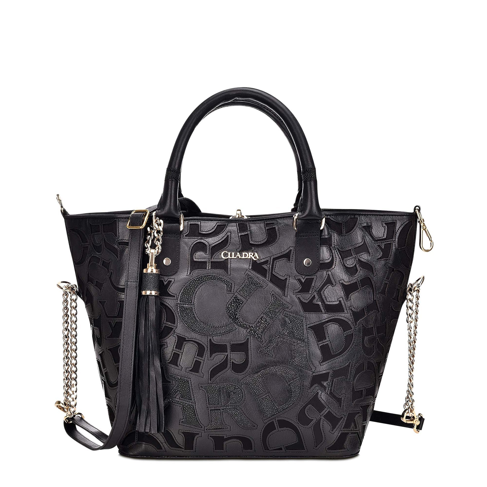 BO399MA - Cuadra black fashion leather folding canvas tote bag for women-Kuet.us