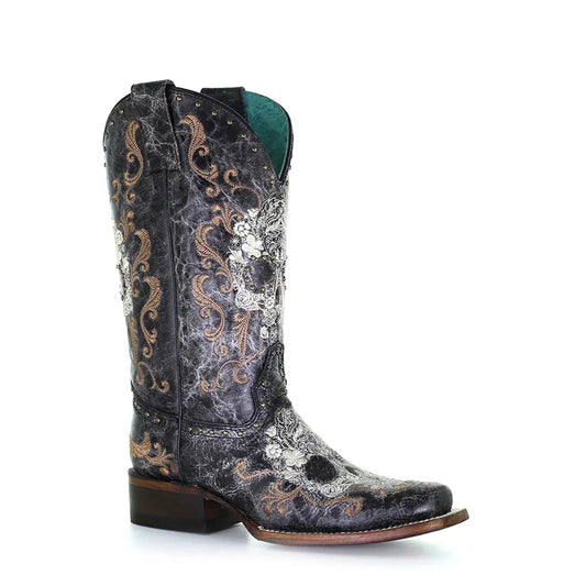 Z5005 - Corral black skull western cowgirl leather boots for women-Kuet.us